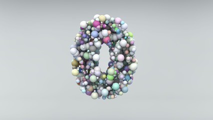 Number 0 made of plastic beads, purple bubbles, isolated on white, 3d render