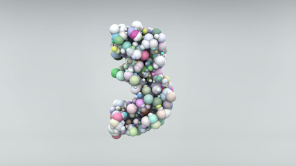 Number 3 made of plastic beads, purple bubbles, isolated on white, 3d render