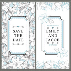 Set of two vertical wedding invitation designs with beautiful hand-drawn white lily flowers, vector illustration. Save the date, wedding invitation templates with white lily flowers and place for text