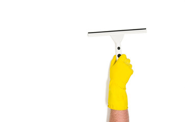 Man's or woman's isolated hand cleaning on a white background. Concept image with copy space for text or design elements. Image taken from above, top view