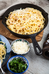 Spaghetti carbonara with egg and pancetta