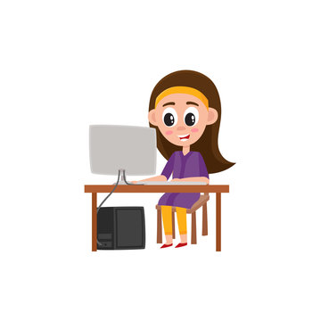 Pretty teenage girl working on computer sitting at the table, cartoon vector illustration isolated on white background. Cartoon portrait of teen girl using computer, front view full length portrait