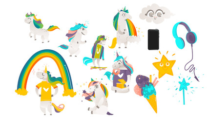 Vector cartoon unicorns, magic objects set. Unicorns, walking puking rainbow, eating doughnut, skateboarding, playing with magic wand. Cloud, star with face emotions, headphones, smartphone, ice cream