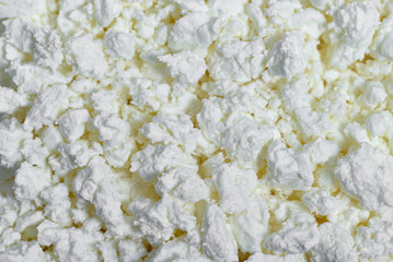 The coarse texture of homemade cottage cheese, close up, top view.