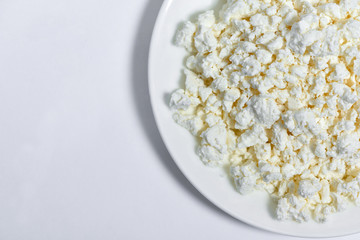 A bowl of homemade cottage cheese on a white background.