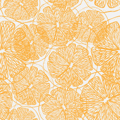 Fresh oranges background. Doodle wallpaper vector. Colorful seamless pattern with fresh fruits collection.