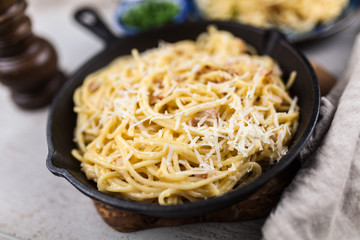 Spaghetti carbonara with egg and pancetta