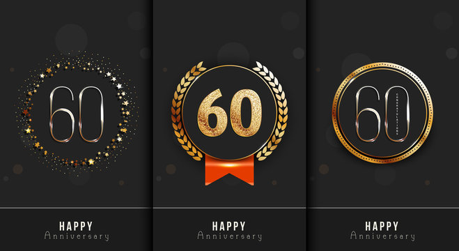 Sixty years anniversary invitation / greeting cards template. Vector illustration with black and gold elements.