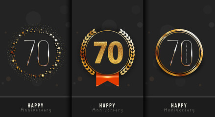 Seventy years anniversary invitation / greeting cards template. Vector illustration with black and gold elements.