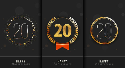 Twenty years anniversary invitation / greeting cards template. Vector illustration with black and gold elements.