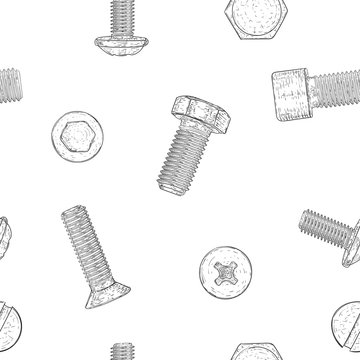 Bolts and screws. Hand drawn sketch as seamless pattern