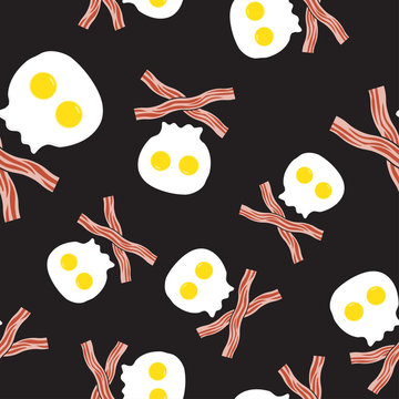 Fried eggs as skull and cross bacon, seamless pattern