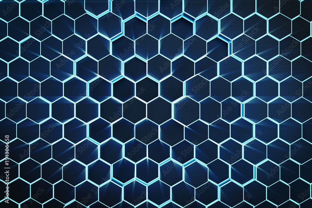 Poster 3d illustration blue abstract hexagonal geometric background. structure of self-luminous hexagons in