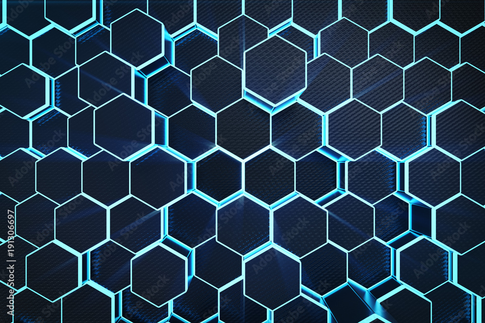 Poster 3d illustration blue abstract hexagonal geometric background. structure of self-luminous hexagons in