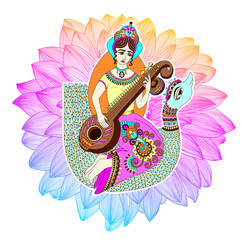 Indian goddess Saraswati playing on veena astride a swan