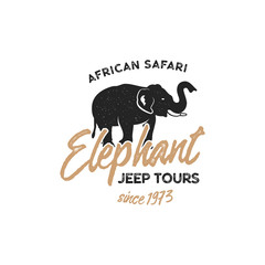 Adventure logo design. Jeep tours badge template. Elephant symbol included. Vintage hand drawn silhouette shape of elephant. Stock vector illustration isolated on white background