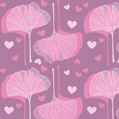 Vector hand drawn ginkgo leaves and hearts pattern in pink colors palette. Valentine background
