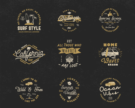 Vintage Surfing Graphics and Emblems set for web design or print. Surfer logo templates. Surf Badges. Summer fun typography insignia collection. Stock Vector hipster party patches, isolated on dark
