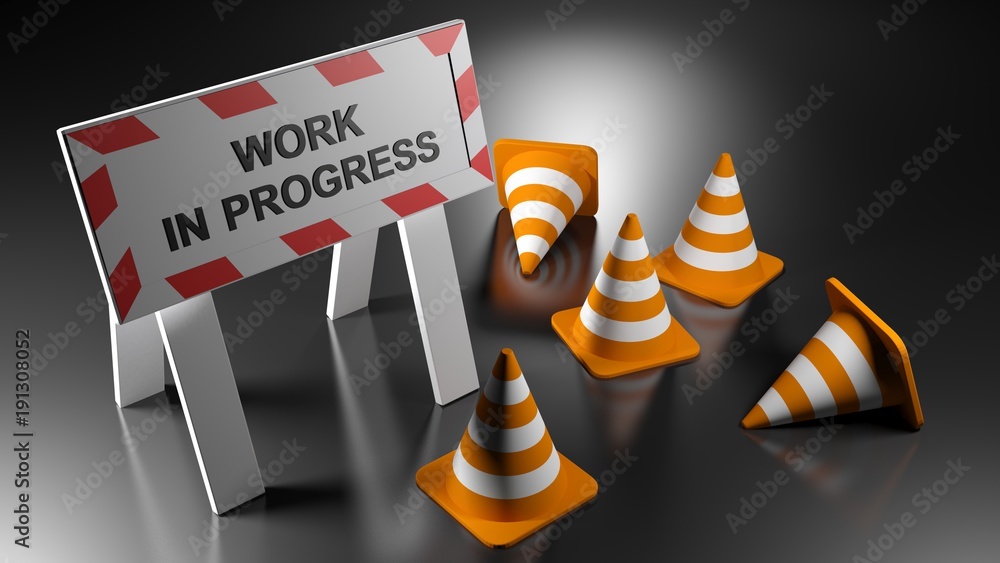 Poster work in progress sign with traffic cones - 3d rendering