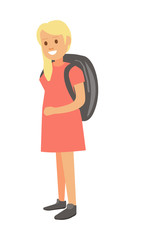 Blonde girl in pink dress with heavy backpack