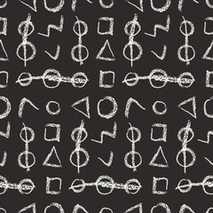 Fototapeta premium School seamless pattern with white chalk hand drawn grunge geometric shapes on black background. Abstract monochrome scribble texture for textile, wrapping paper, cover, wallpaper, surface