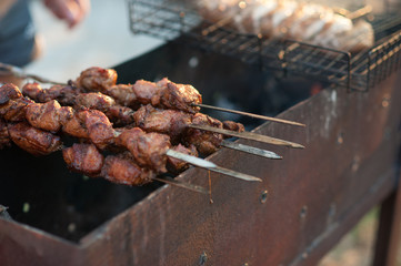 shish kebab on the grill. Marinated shashlik preparing on a barbecue grill over charcoal.