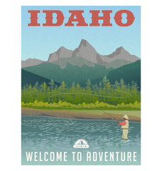Idaho, United States travel poster or sticker. Fly fishing in mountain stream. - obrazy, fototapety, plakaty