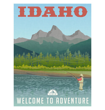 Idaho, United States travel poster or sticker. Fly fishing in mountain stream.