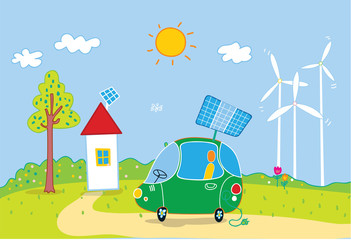 Ecology city concept as the solar and wind energy using, ecology car.