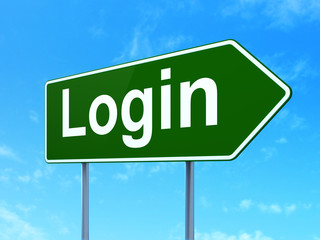 Security concept: Login on green road highway sign, clear blue sky background, 3D rendering