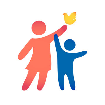 Happy family icon multicolored in simple figures. Mom and son stand together. Vector can be used as logotype.