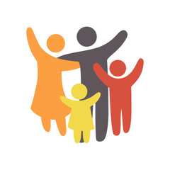 Happy family icon multicolored in simple figures. Two children, dad and mom stand together. Vector can be used as logotype