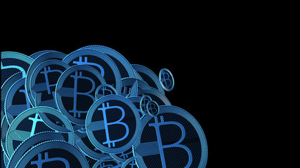 Macro shot of Bitcoin coins isolated on black background Blockchain technology, bitcoin mining concept