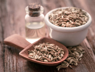 Fennel seeds with essential oil in a bottle