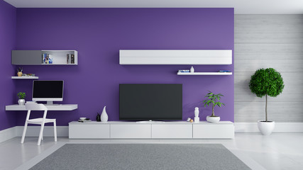 TV cabinet interior modern room design ,Ultraviolet home decor concept ,White sideboard  near working space with plant on dark purple wall and marble floor ,3d render