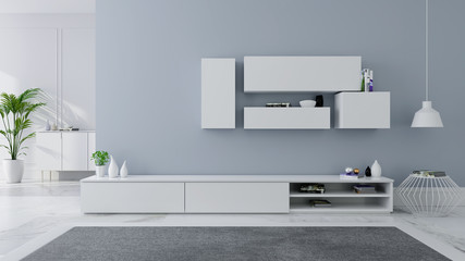 TV cabinet interior design modern and cozy idea , White sideboard on gray wall with  mable floor and gray carpet ,3d illustation