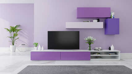 Obraz na płótnie Canvas TV cabinet interior modern roon design and Cozy Living style ,Ultraviolet home decor concept ,purple sideboard and bookshelf with plant on light purple wall and marble floor ,3d render
