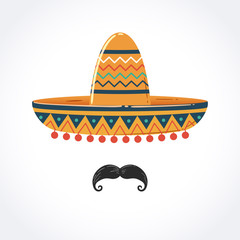 Mexican Sombrero with Mustache - obrazy, fototapety, plakaty