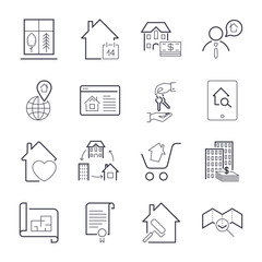 Real estate thin line art icons set. Residential and commercial building deals. Linear style symbols isolated on white. Icon set with editable stroke