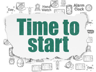 Timeline concept: Painted green text Time to Start on Torn Paper background with  Hand Drawing Time Icons
