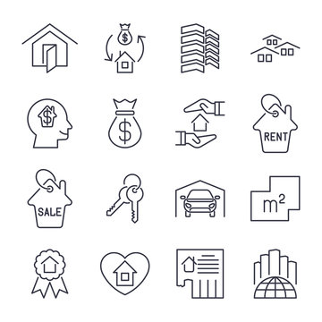 Real Estate Icon Suitable For Info Graphics, Websites And Print Media Skyscaper, Garage, City, Bilding And Other. Vector, Flat Icon, Clip Art. Icons Set With Editable Stroke