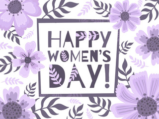 Banner of the International Women's Day. Postcard on March 8 with a decor of flowers, plants and leaves.
