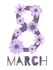 Banner of the International Women's Day. Postcard on March 8 with a decor of flowers, plants and leaves.