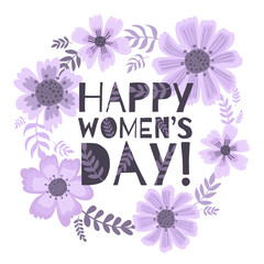 Banner of the International Women's Day. Postcard on March 8 with a decor of flowers, plants and leaves.