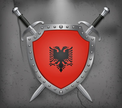 Flag of Albania. The Shield with National Flag. Two Crossed Swords. Medieval Background
