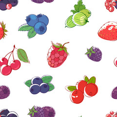 Ripe berries on white background. Seamless pattern with raspberry, blackberry, strawberry, gooseberry, currant, blueberry, cherry. Natural organic food, healthy vegan nutrition vector illustration.