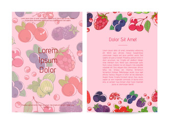 Natural organic nutrition concept with ripe and fresh berries. Healthy food, vegan cafe menu design. Raspberry, blackberry, strawberry, gooseberry, currant, blueberry and cherry vector illustration.