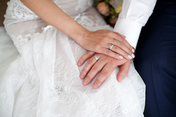Bride and groom's hands with wedding rings.Close-up
