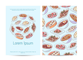 Chinese restaurant menu design with asian dishes. Dim sum, fried rice with vegetables, marble eggs, ramen soup, noodles with seafoods vector illustration. Famous chinese cuisine, oriental food.