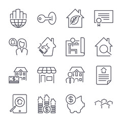Real Estate icons on the white background deal, money box, search, realtor, ecologic home and other. Icons set with editable stroke